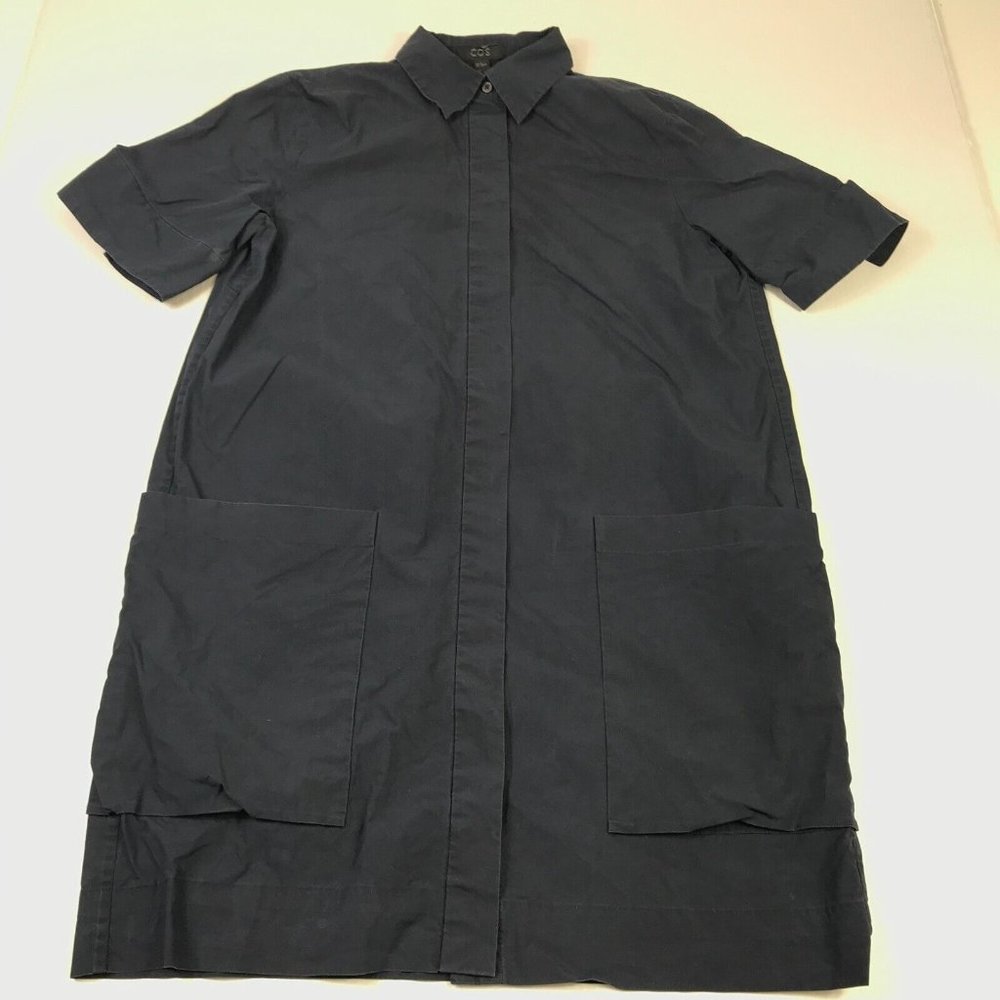 COS Womens Shirt Dress Dark Blue Button Down Short Sleeve Pockets 36 6 Small US
